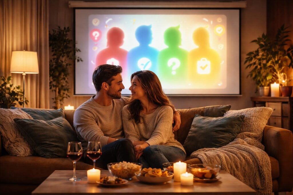 organisez une soirée couple unique avec un quizz projeté sur écran pour mieux vous redécouvrir et partager des moments complices et fun.